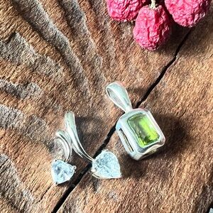 925 Two Dainty Pendants Zirconia Peridot Crystals Sterling Silver Hearts Square